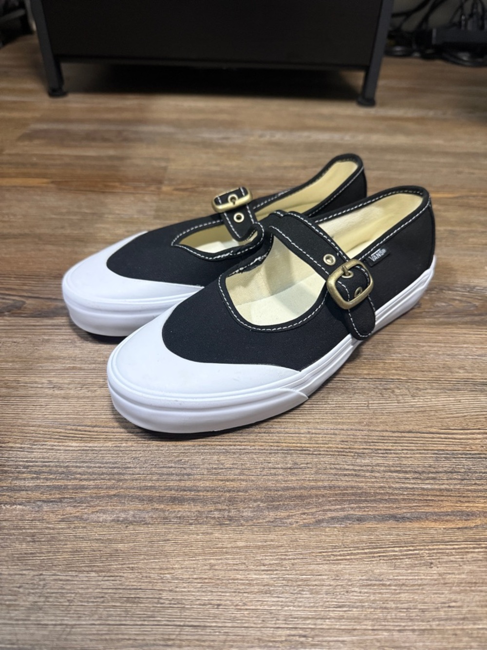 Vans Black and White Mary Jane Canvas Sneakers with Buckle